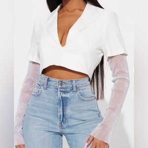 New NWT Fashion Nova White Cropped Blazer with Mesh Sleeves